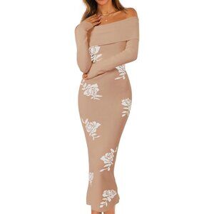 Women Off Shoulder Bodycon Sweater Dress Long Sleeve Party Midi Dress Khaki
